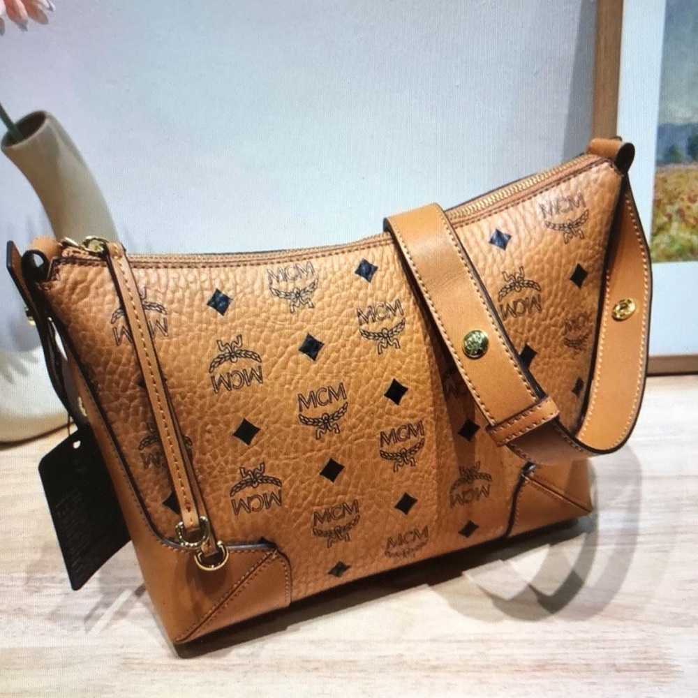MCM Women's Brown Klara Monogram Medium Visetos Leather Shoulder Hobo Bag